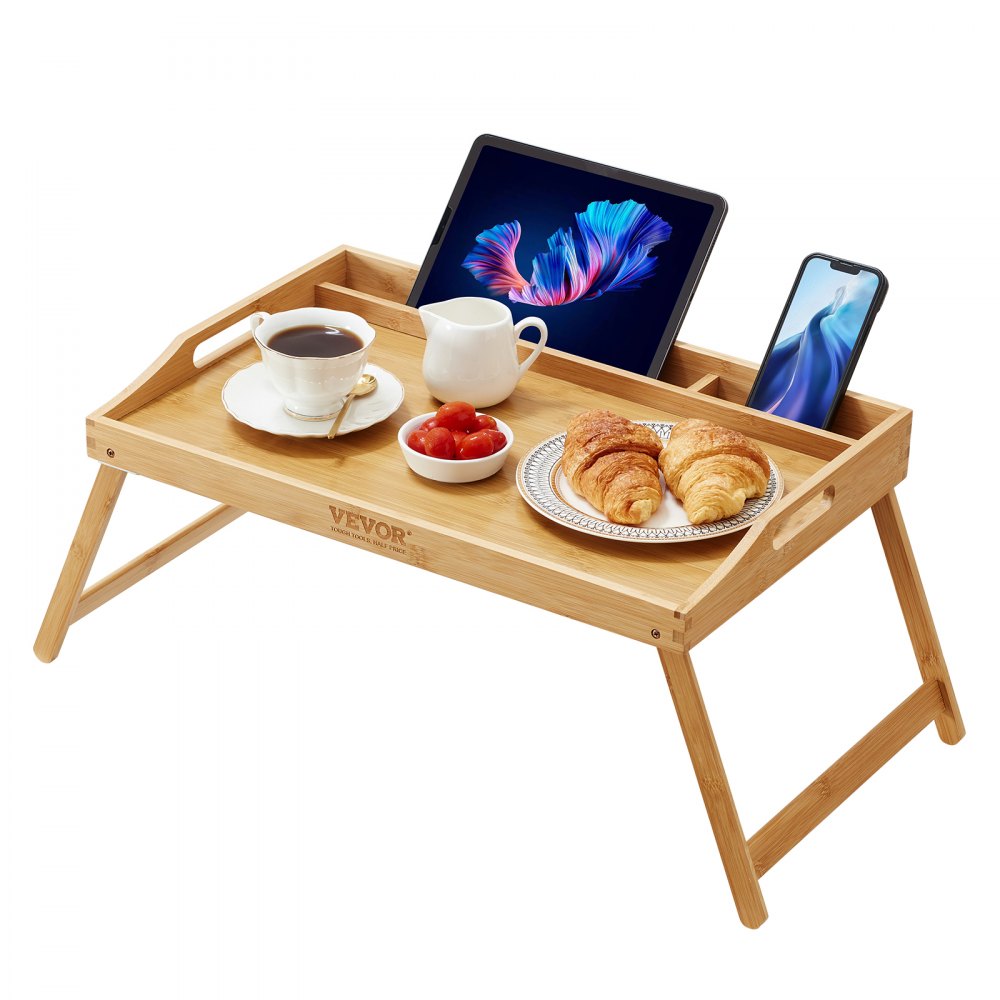 VEVOR Bed Tray Table with Foldable Legs & Media Slot, Bamboo Breakfast Tray for Sofa, Bed, Eating, Snacking, and Working, Serving Laptop Desk Tray TV Tray, Portable Food Snack Platter, 21.6
