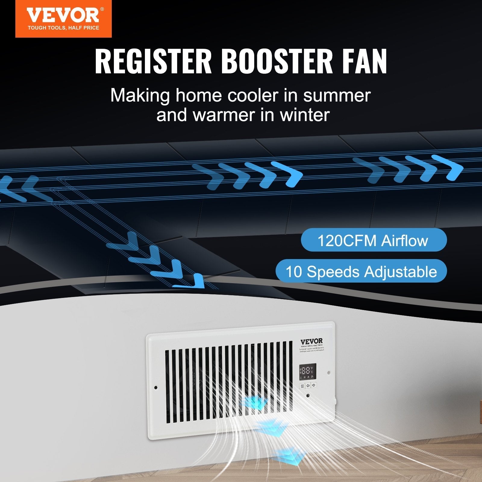 VEVOR Register Booster Fan, Quiet Vent Booster Fan Fits 4” x 10” Register Holes, with Remote Control and Thermostat Control, Adjustable Speed for Heating Cooling Smart Vent, White