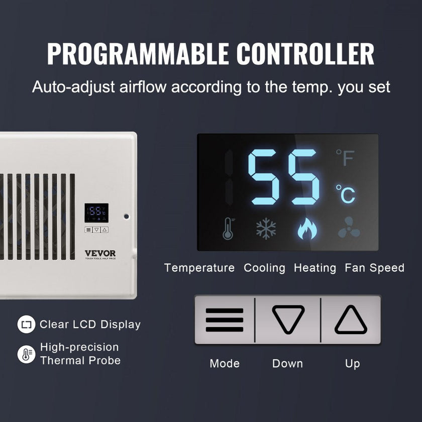 VEVOR Register Booster Fan, Quiet Vent Booster Fan Fits 6” x 10” Register Holes, with Remote Control and Thermostat Control, Adjustable Speed for Heating Cooling Smart Vent, White