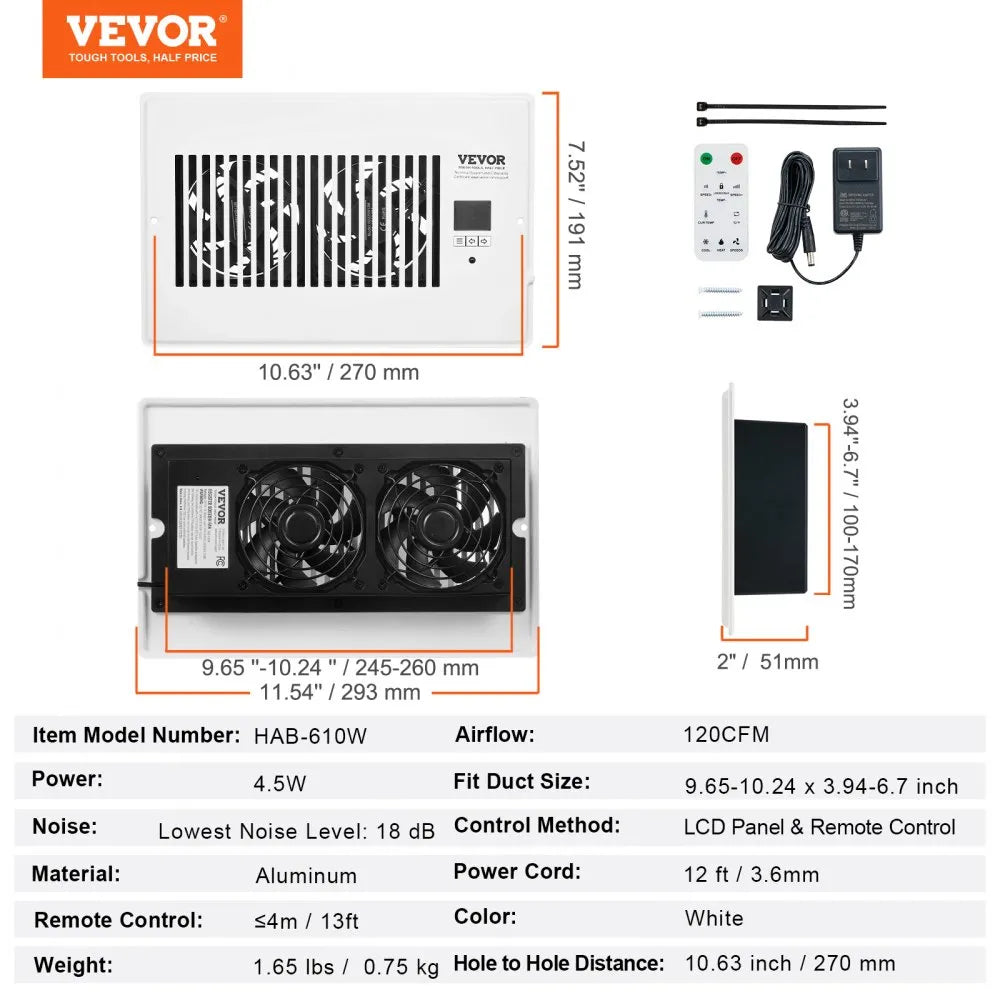 VEVOR Quiet Register Booster Fan Heating/Cooling 6 x 10 inch with Remote White