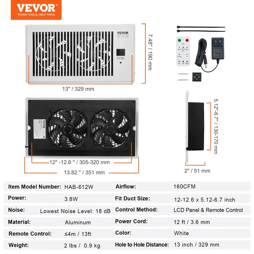 VEVOR Quiet Register Booster Fan Heating/Cooling 6 x 12 inch with Remote White