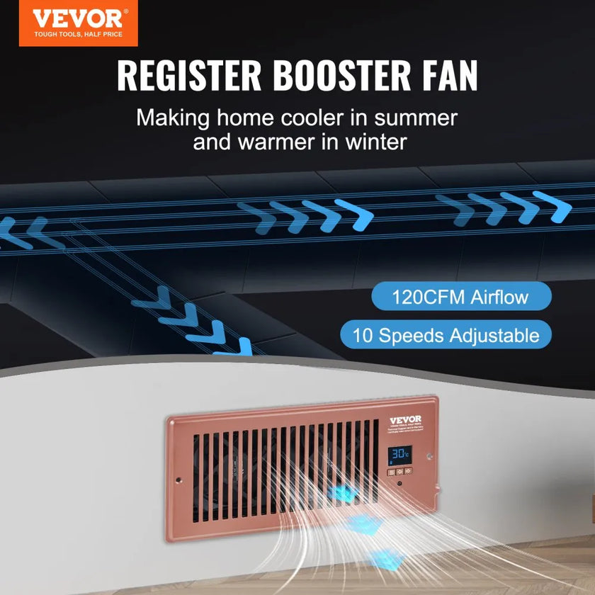 VEVOR Register Booster Fan, Quiet Vent Booster Fan Fits 4” x 10” Register Holes, with Remote Control and Thermostat Control, Adjustable Speed for Heating Cooling Smart Vent, Brown