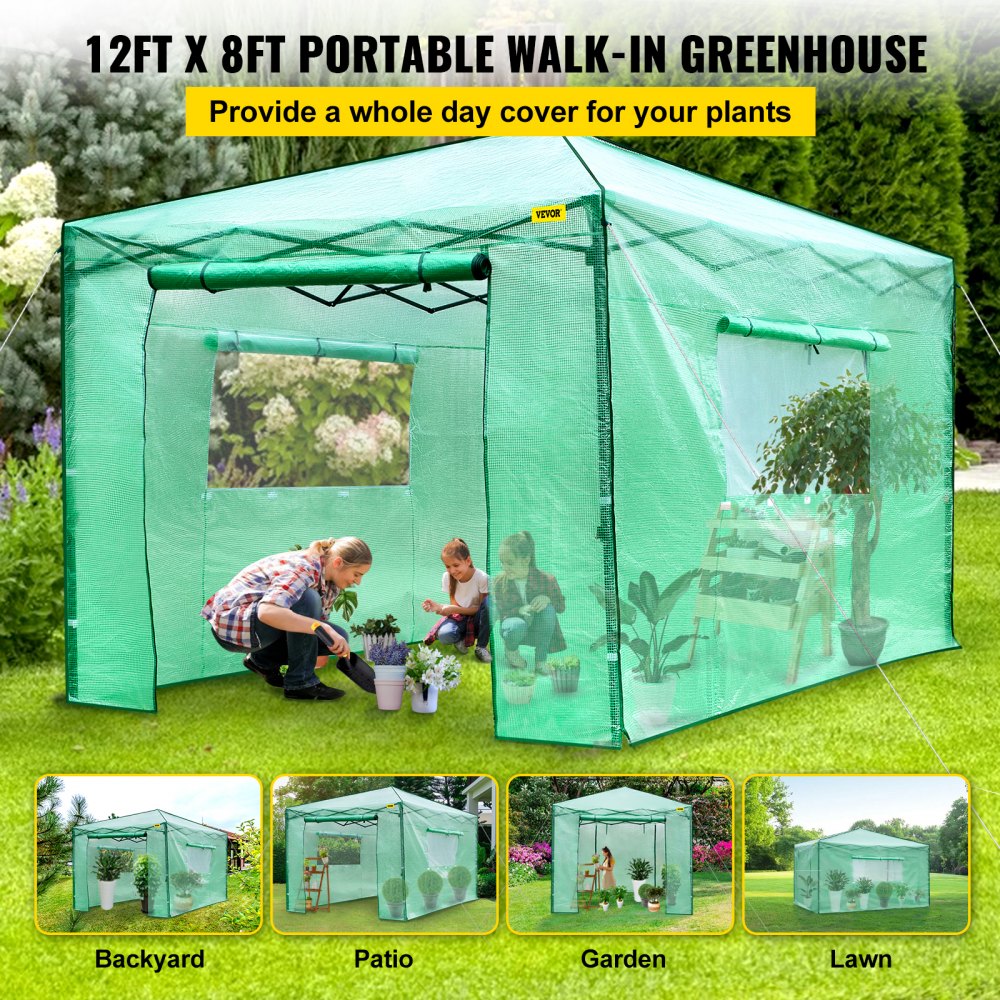 Vevor Walk-in Greenhouse Portable Pop-up Garden 12x8ft W/roll-up Doors & Windows
