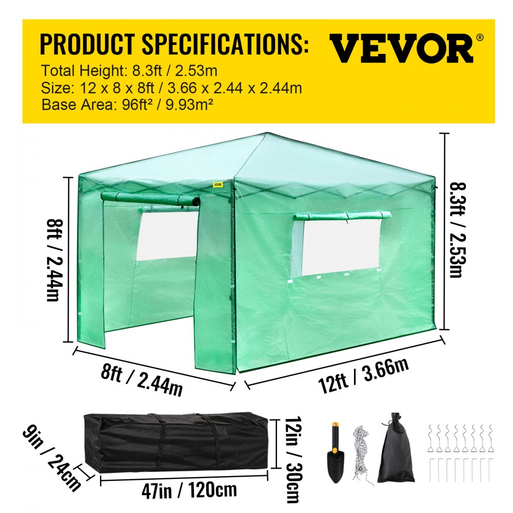 Vevor Walk-in Greenhouse Portable Pop-up Garden 12x8ft W/roll-up Doors & Windows