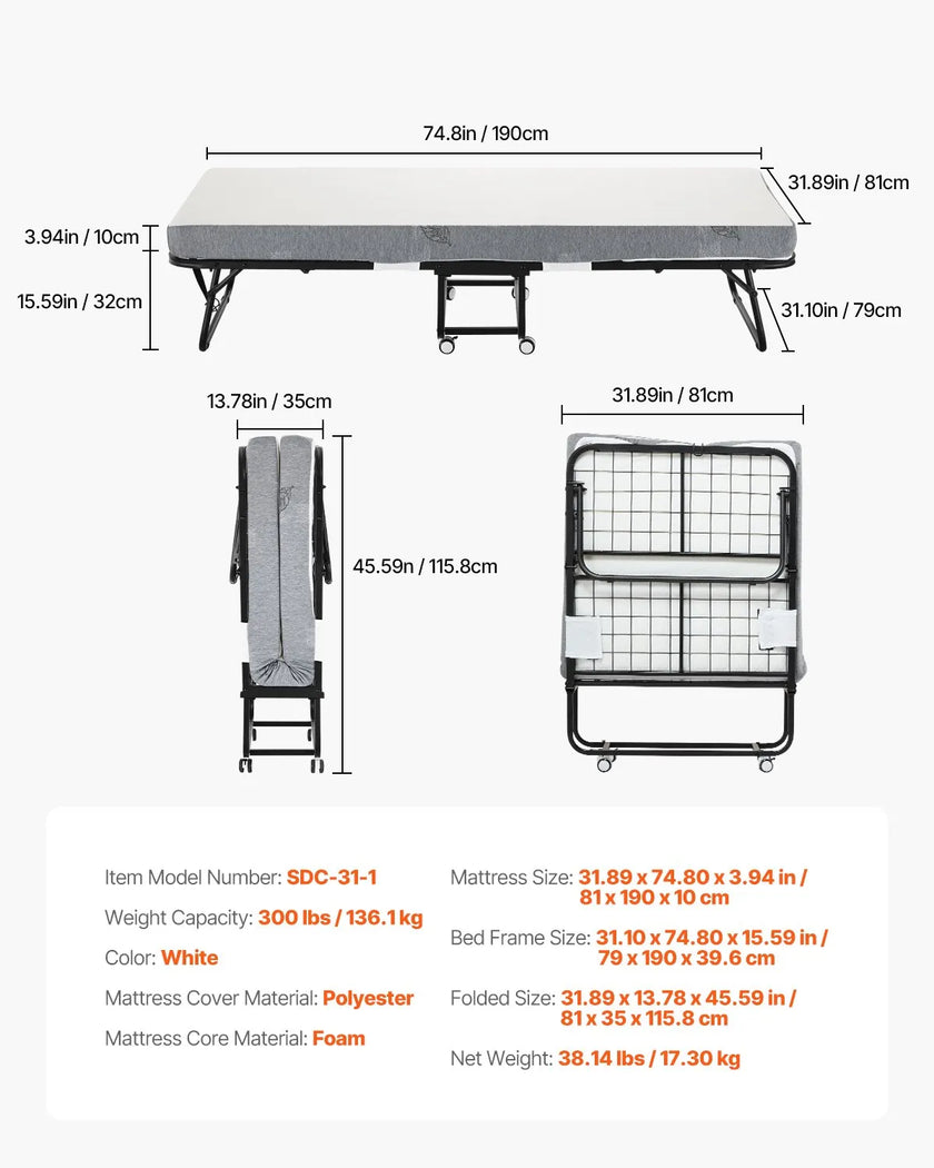 VEVOR Rollaway Bed Folding Bed with 4 inches Foam Mattress for Adults & Guest