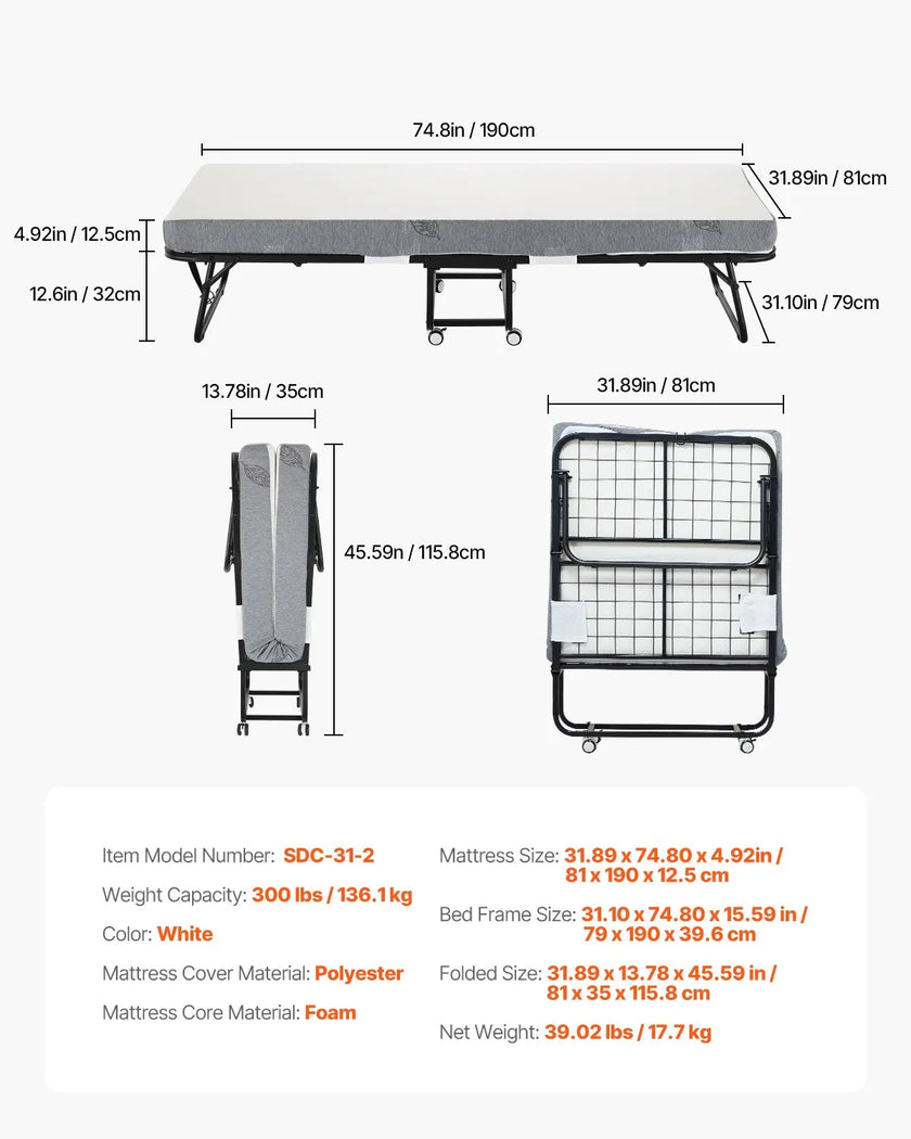 VEVOR Rollaway Bed Folding Bed with 5 inches Foam Mattress for Adults & Guest