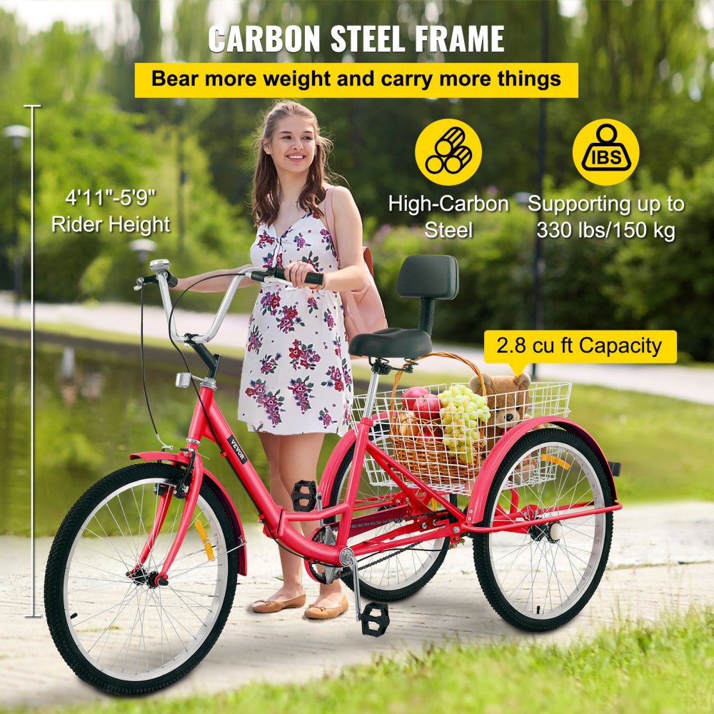 VEVOR Tricycle Adult 24’’ Wheels Adult Tricycle 1-Speed 3 Wheel Bikes For Adults Three Wheel Bike For Adults Adult Trike Adult Folding Tricycle Foldable Adult Tricycle 3 Wheel Bike Trike For Adults