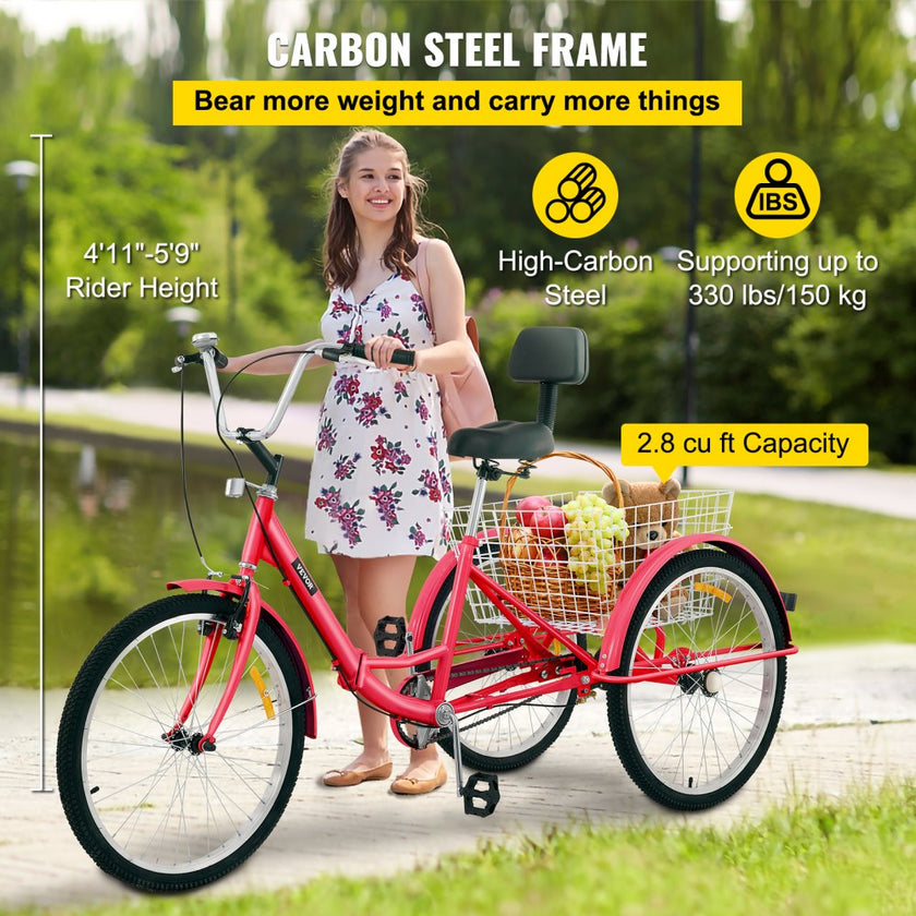 VEVOR Tricycle Adult 24’’ Wheels Adult Tricycle 1-Speed 3 Wheel Bikes For Adults Three Wheel Bike For Adults Adult Trike Adult Folding Tricycle Foldable Adult Tricycle 3 Wheel Bike Trike For Adults