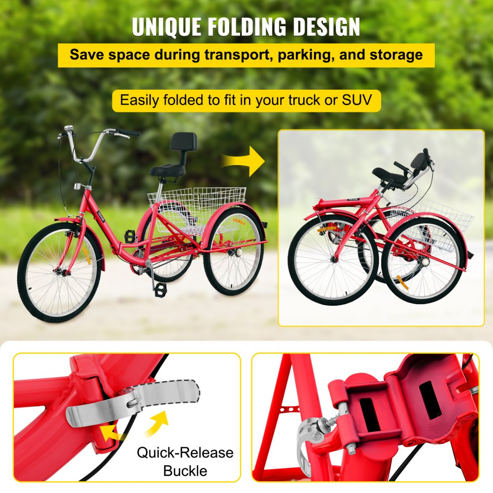 VEVOR Tricycle Adult 24’’ Wheels Adult Tricycle 1-Speed 3 Wheel Bikes For Adults Three Wheel Bike For Adults Adult Trike Adult Folding Tricycle Foldable Adult Tricycle 3 Wheel Bike Trike For Adults