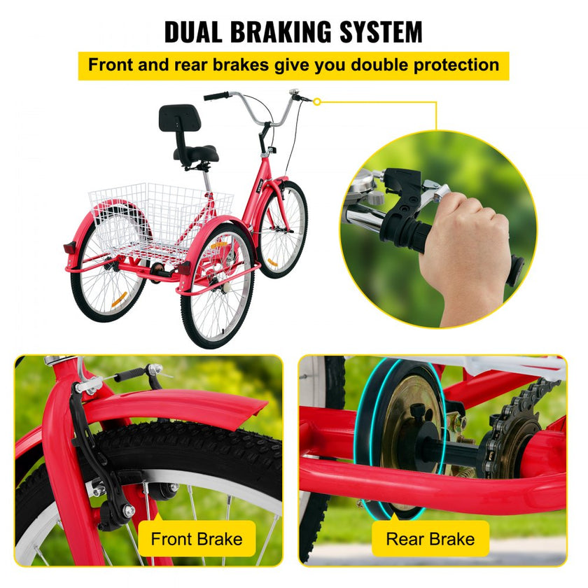 VEVOR Tricycle Adult 24’’ Wheels Adult Tricycle 1-Speed 3 Wheel Bikes For Adults Three Wheel Bike For Adults Adult Trike Adult Folding Tricycle Foldable Adult Tricycle 3 Wheel Bike Trike For Adults