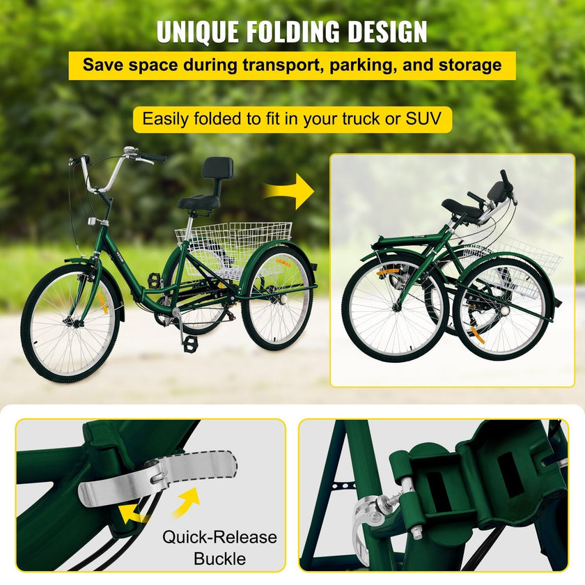 VEVOR Tricycle Adult 24’’ Wheels Adult Tricycle 7-Speed 3 Wheel Bikes For Adults Three Wheel Bike For Adults Adult Trike Adult Folding Tricycle Foldable Adult Tricycle 3 Wheel Bike Trike For Adults