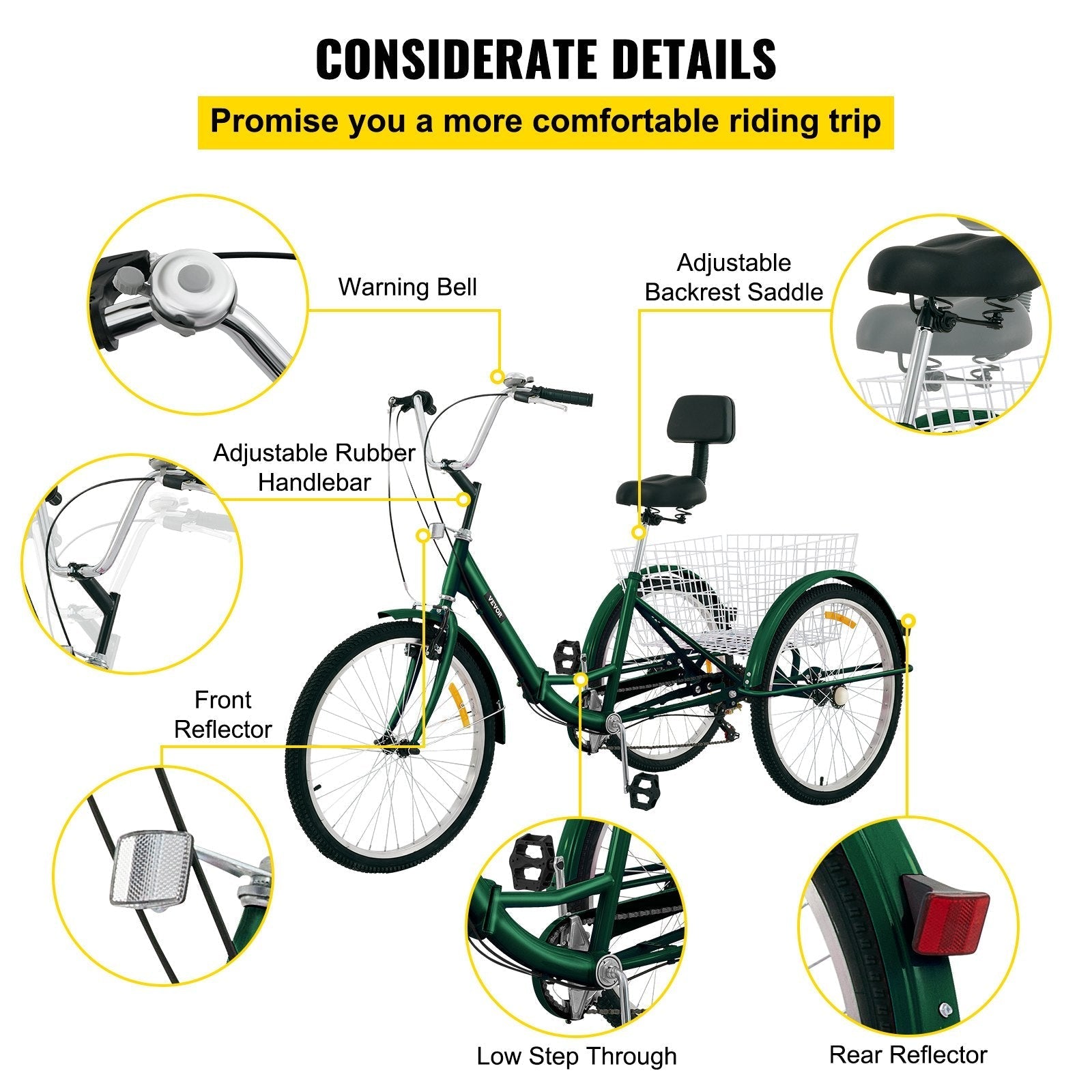 VEVOR Tricycle Adult 24’’ Wheels Adult Tricycle 7-Speed 3 Wheel Bikes For Adults Three Wheel Bike For Adults Adult Trike Adult Folding Tricycle Foldable Adult Tricycle 3 Wheel Bike Trike For Adults