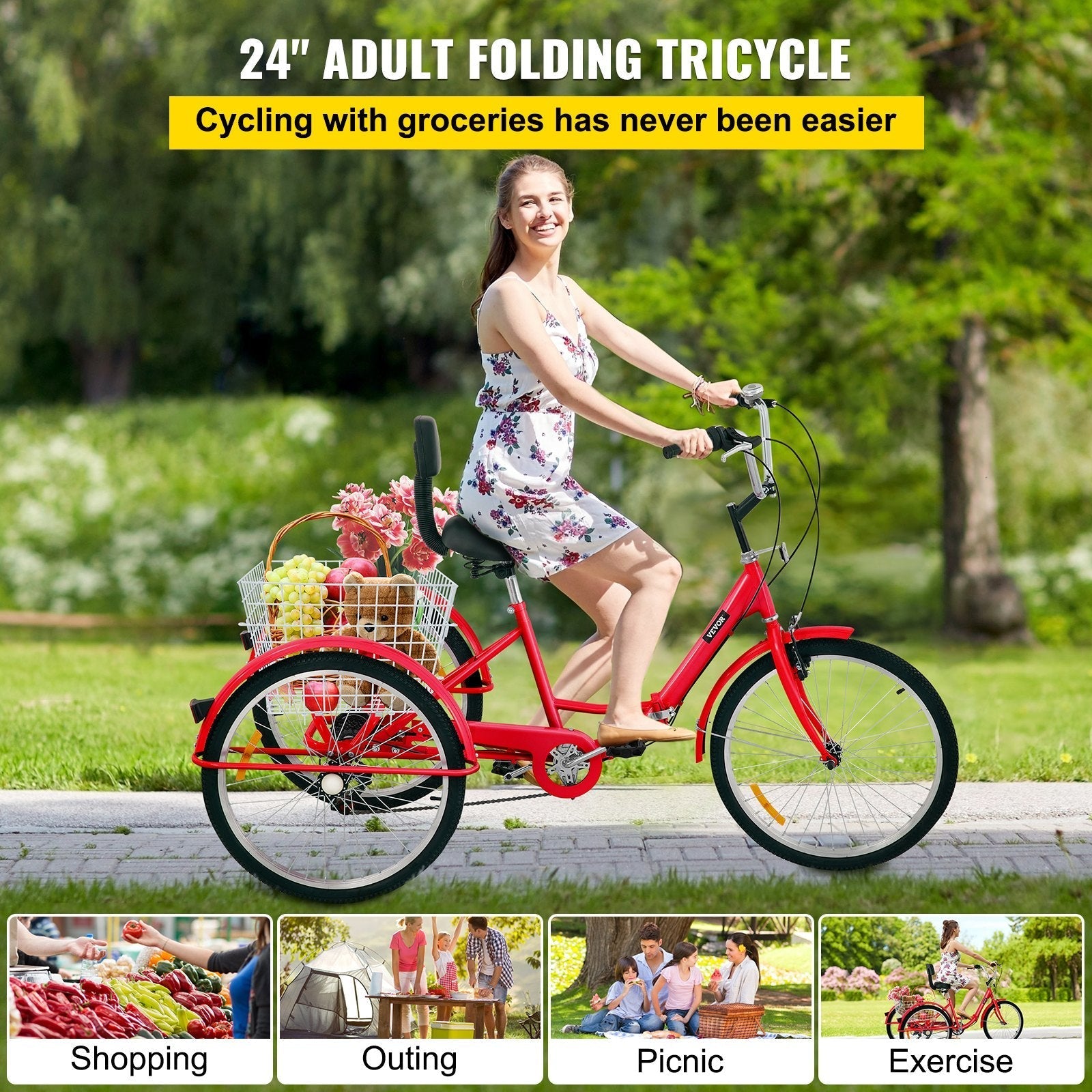 VEVOR Tricycle Adult 26’’ Wheels Adult Tricycle 7-Speed 3 Wheel Bikes For Adults Three Wheel Bike For Adults Adult Trike Adult Folding Tricycle Foldable Adult Tricycle 3 Wheel Bike Trike For Adults