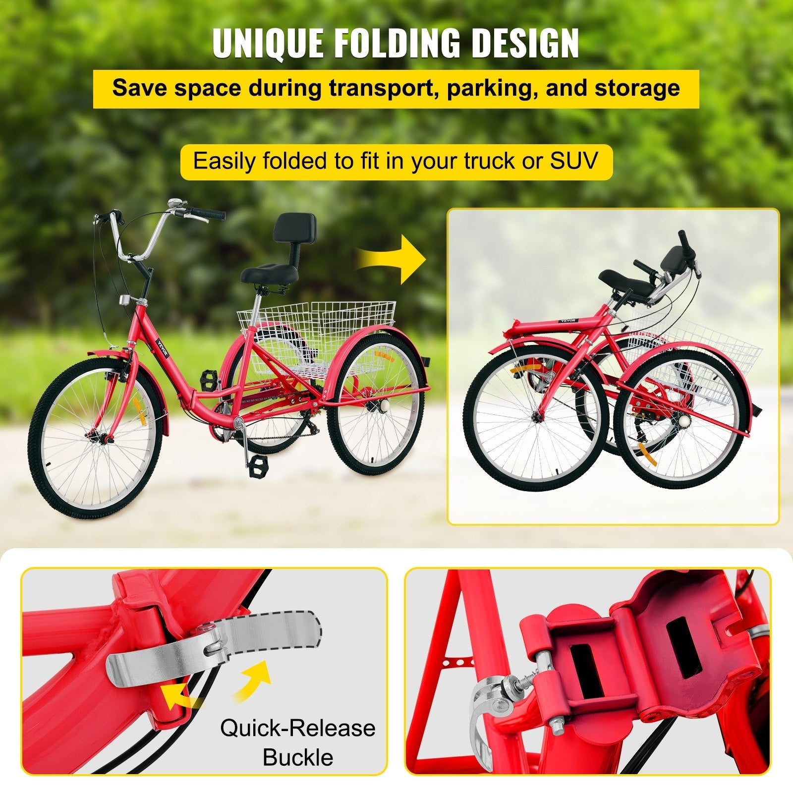 VEVOR Tricycle Adult 26’’ Wheels Adult Tricycle 7-Speed 3 Wheel Bikes For Adults Three Wheel Bike For Adults Adult Trike Adult Folding Tricycle Foldable Adult Tricycle 3 Wheel Bike Trike For Adults