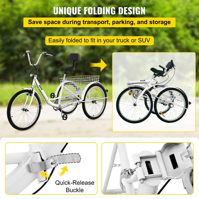 VEVOR Tricycle Adult 26’’ Wheels Adult Tricycle 1-Speed 3 Wheel Bikes For Adults Three Wheel Bike For Adults Adult Trike Adult Folding Tricycle Foldable Adult Tricycle 3 Wheel Bike Trike For Adults