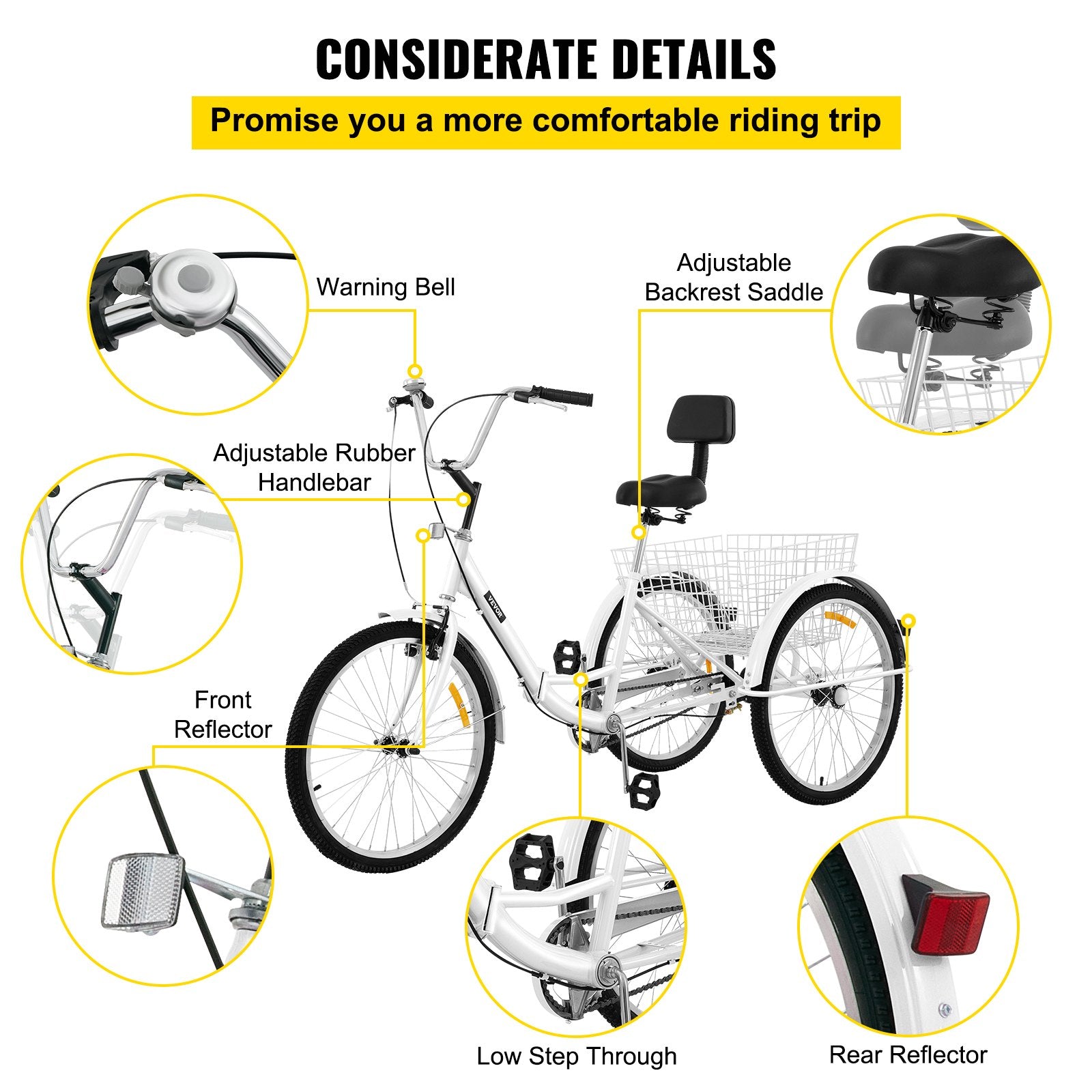 VEVOR Tricycle Adult 26’’ Wheels Adult Tricycle 1-Speed 3 Wheel Bikes For Adults Three Wheel Bike For Adults Adult Trike Adult Folding Tricycle Foldable Adult Tricycle 3 Wheel Bike Trike For Adults