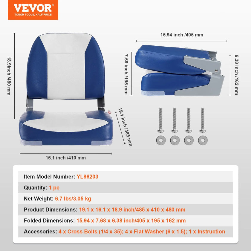 VEVOR Boat Seat Low Back Fold-Down Fishing Boat Seat Chair with Sponge Padding
