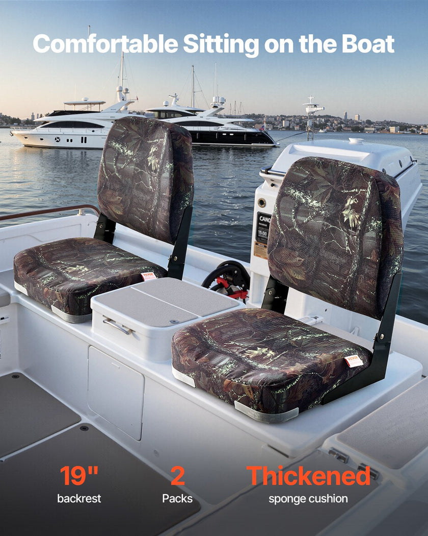 VEVOR Boat Seat Low Backrest Flip Up Boat Seat Sponge Cushion Camouflage 2pcs