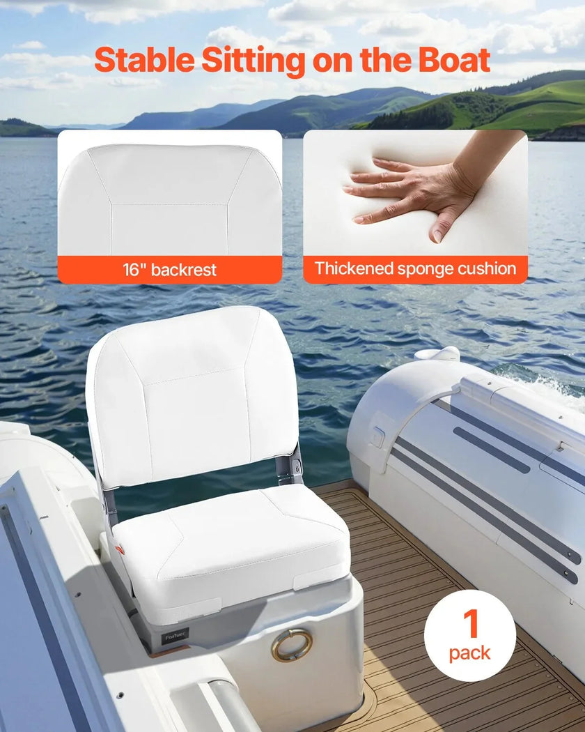 VEVOR Boat Seat, Low Backrest, Folding Fishing Boat Seat with Thickened Sponge Cushion & Waterproof PVC Leather, Aluminum Alloy Hinges, Flip Up Boat Seat for Fishing Boats, Yachts, Ships, White