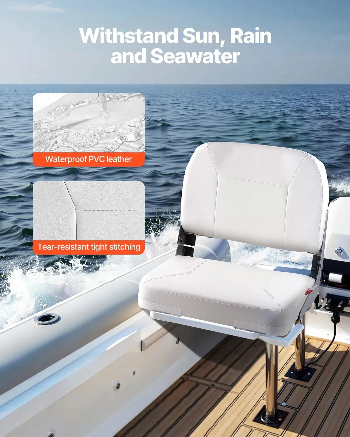 VEVOR Boat Seat, Low Backrest, Folding Fishing Boat Seat with Thickened Sponge Cushion & Waterproof PVC Leather, Aluminum Alloy Hinges, Flip Up Boat Seat for Fishing Boats, Yachts, Ships, White
