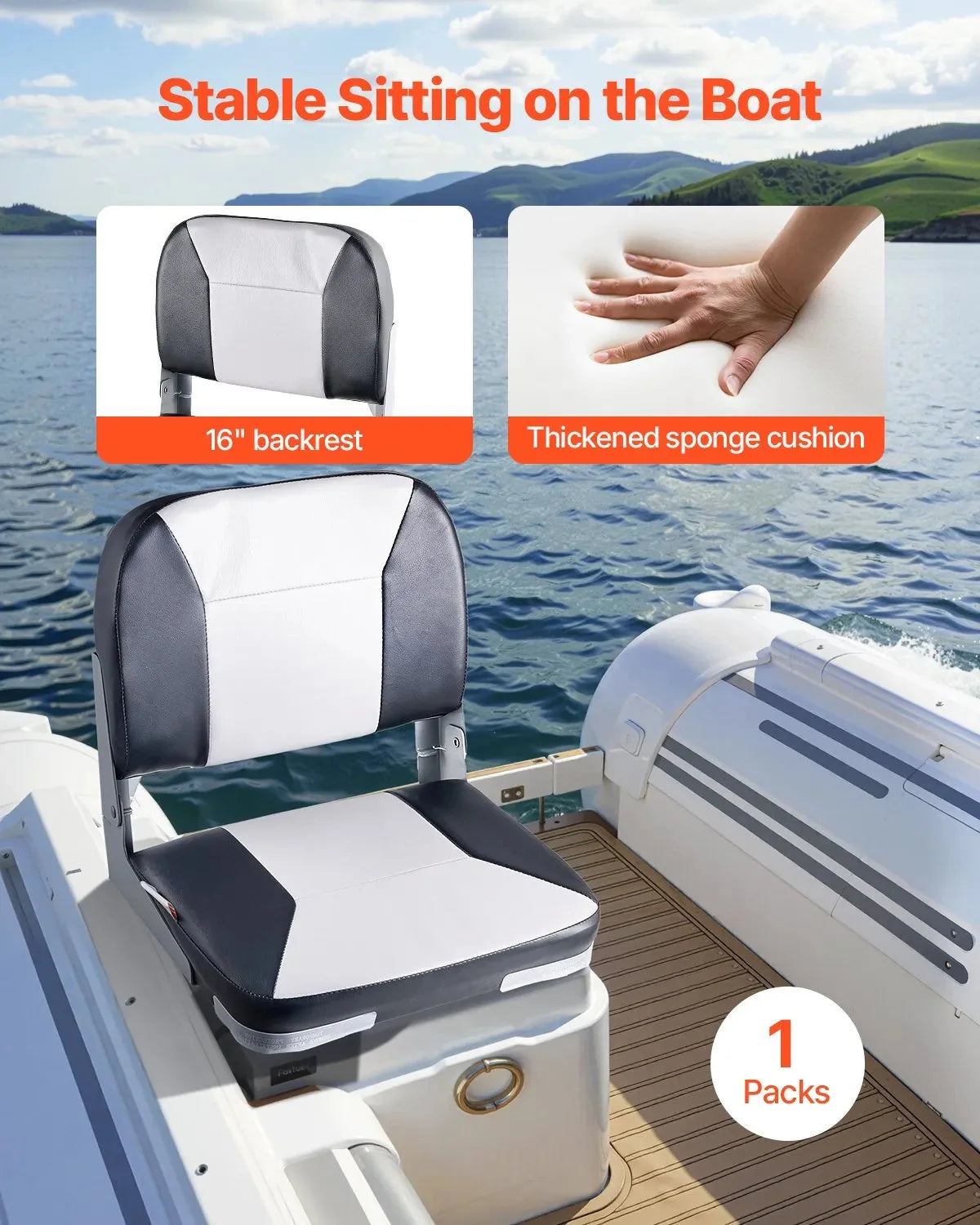 VEVOR Boat Seat, Low Backrest, Folding Fishing Boat Seat with Thickened Sponge Cushion & Waterproof PVC Leather, Aluminum Alloy Hinges, Flip Up Boat Seat for Fishing Boats, Yachts, Ships, Black & Grey