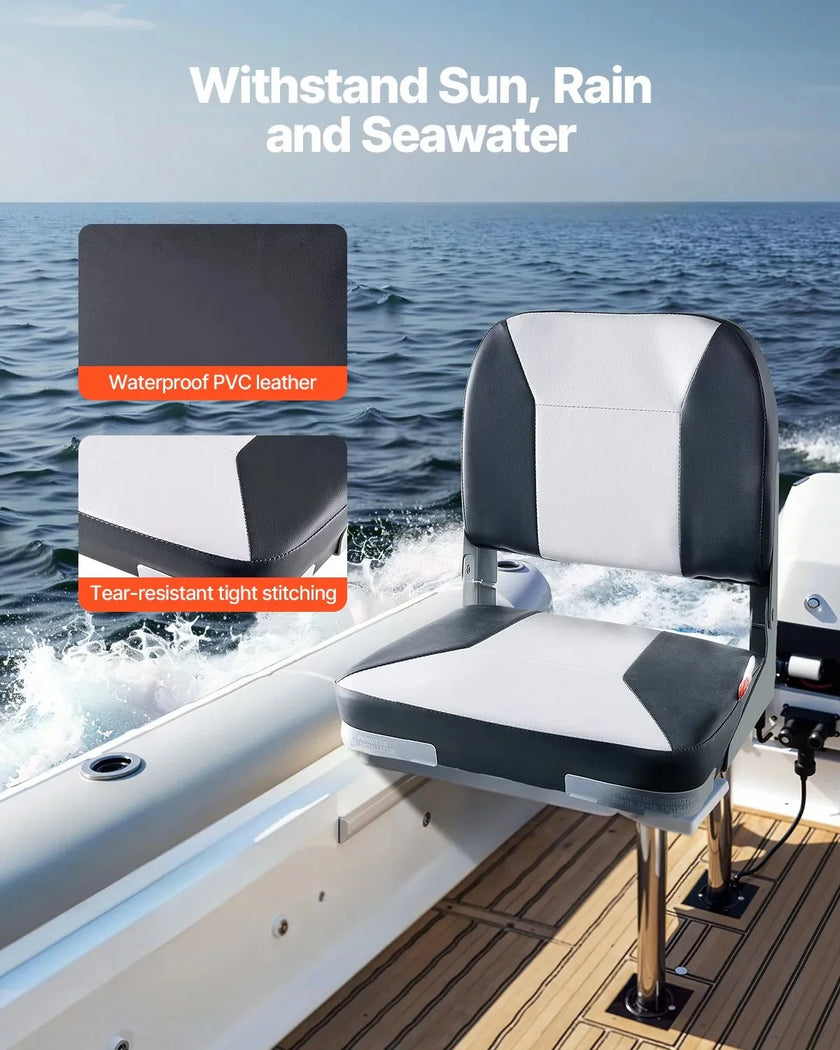 VEVOR Boat Seat, Low Backrest, Folding Fishing Boat Seat with Thickened Sponge Cushion & Waterproof PVC Leather, Aluminum Alloy Hinges, Flip Up Boat Seat for Fishing Boats, Yachts, Ships, Black & Grey