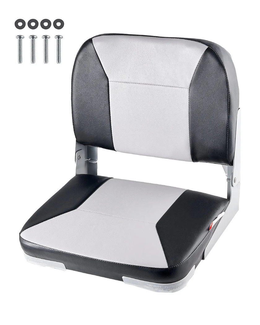 VEVOR Boat Seat, Low Backrest, Folding Fishing Boat Seat with Thickened Sponge Cushion & Waterproof PVC Leather, Aluminum Alloy Hinges, Flip Up Boat Seat for Fishing Boats, Yachts, Ships, Black & Grey