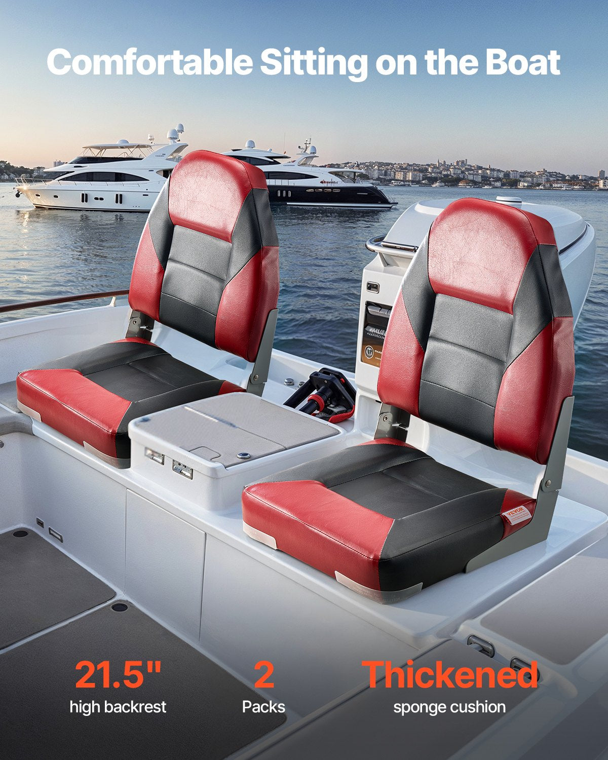 VEVOR Boat Seat High Backrest Folding Boat Seat Sponge Cushion Black & Red