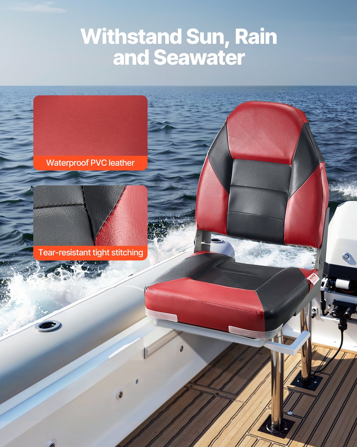 VEVOR Boat Seat High Backrest Folding Boat Seat Sponge Cushion Black & Red