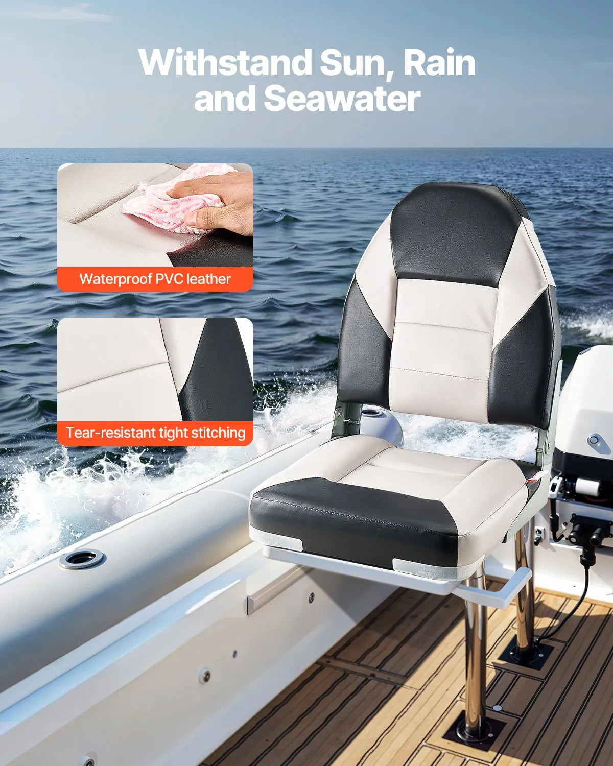 VEVOR Boat Seat High Backrest Flip Up Boat Seat Sponge Cushion Black & Grey