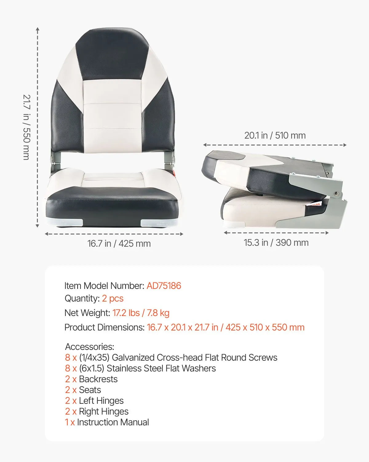 VEVOR Boat Seat High Backrest Flip Up Boat Seat Sponge Cushion Black & Grey
