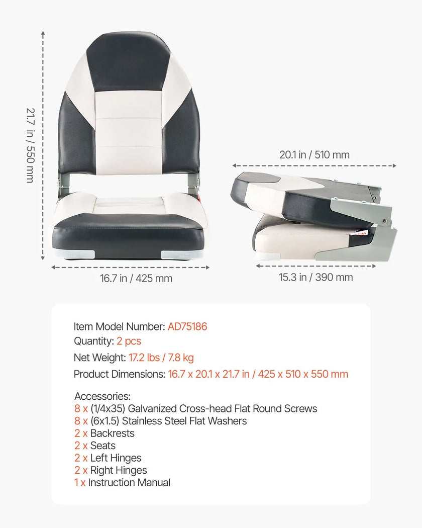 VEVOR Boat Seat High Backrest Flip Up Boat Seat Sponge Cushion Black & Grey