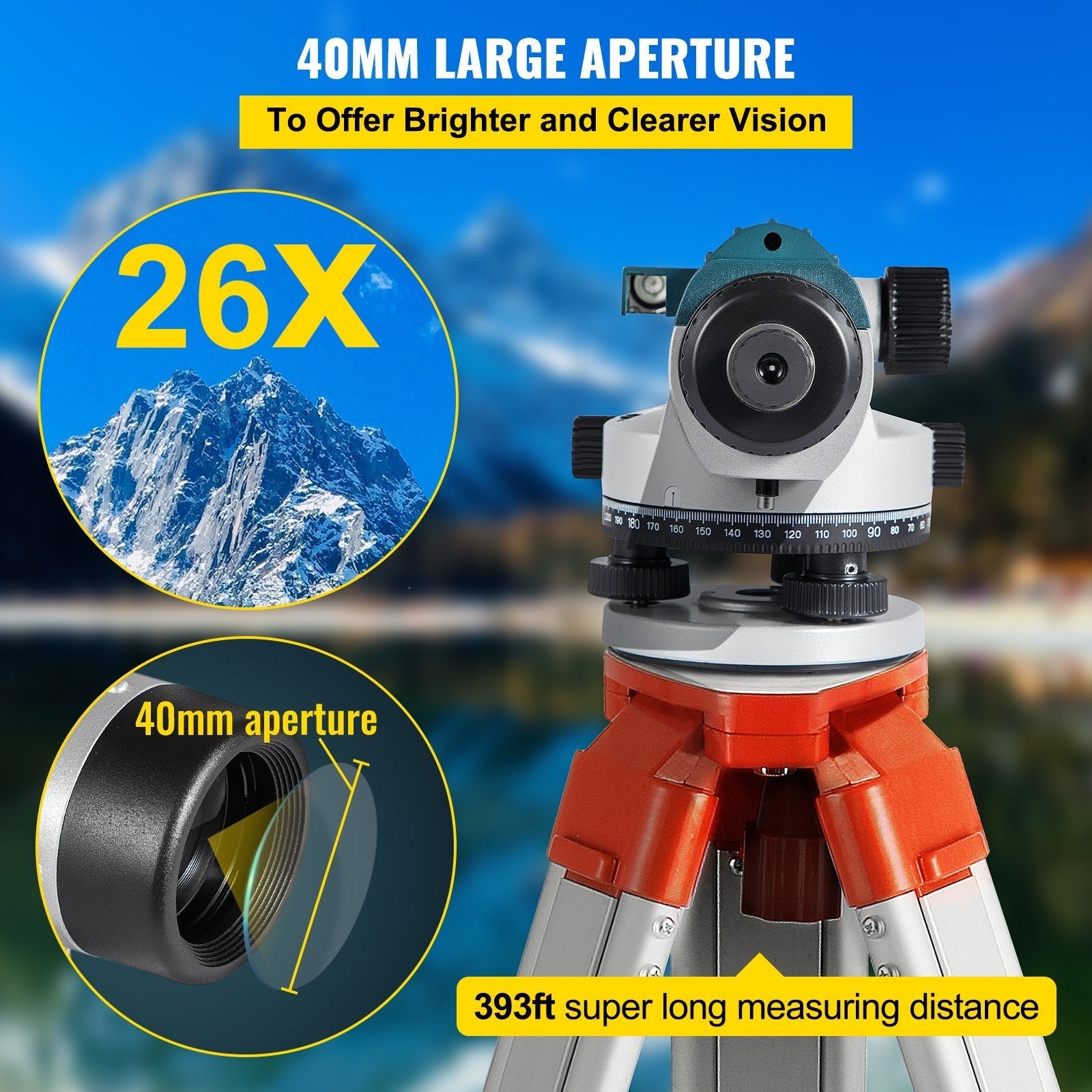 VEVOR Automatic Optical Level, 26X, 40?mm Aperture Auto Level Kit with Magnetic Dampened Compensator and Transport Lock, Height Distance Angle Measuring Tool w/ Hard Plastic Case, IP54 Waterproof