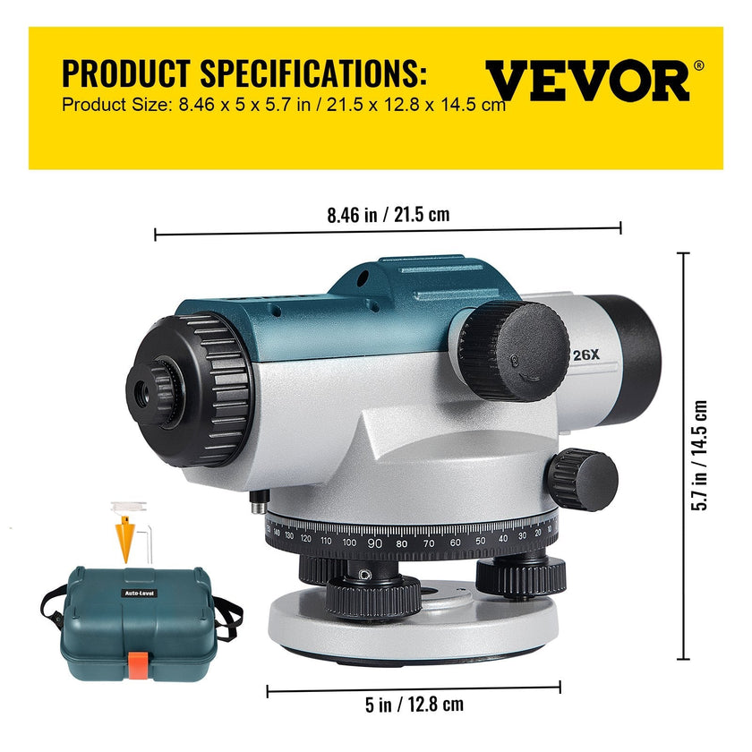 VEVOR Automatic Optical Level, 26X, 40?mm Aperture Auto Level Kit with Magnetic Dampened Compensator and Transport Lock, Height Distance Angle Measuring Tool w/ Hard Plastic Case, IP54 Waterproof