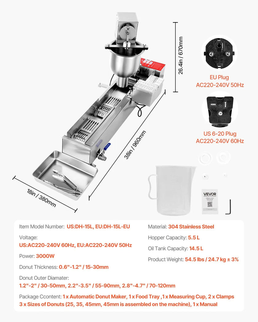 VEVOR Commercial Automatic Donuts Machine Doughnut Maker Single Row 90 PCS/H