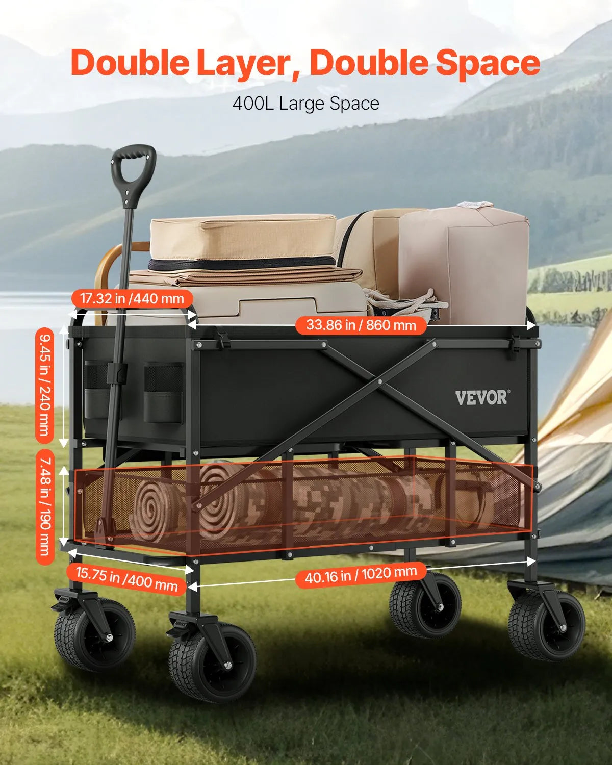 VEVOR Double Decker Wagon Collapsible 300L & 450 lbs Heavy Duty Folding Cart