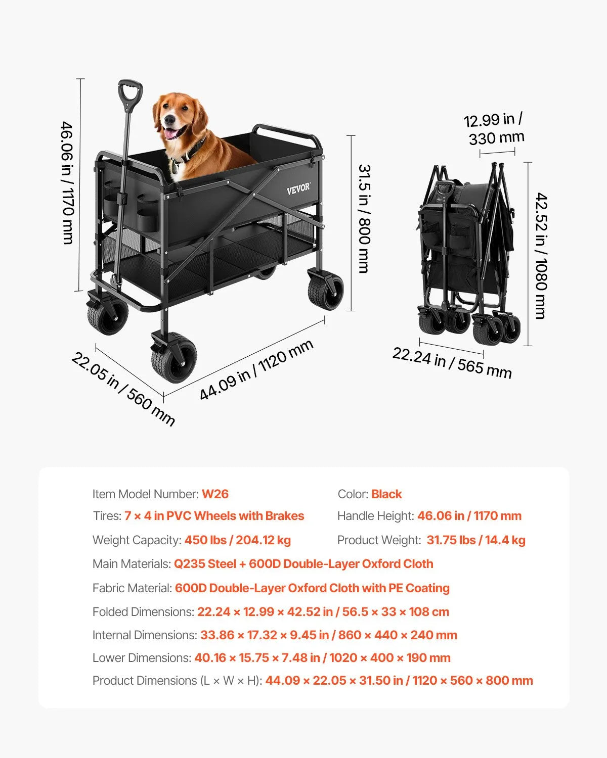 VEVOR Double Decker Wagon Collapsible 300L & 450 lbs Heavy Duty Folding Cart