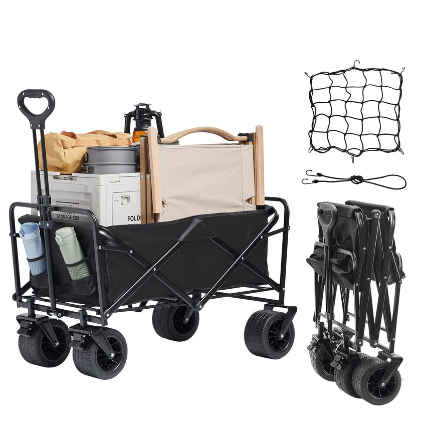 VEVOR Collapsible Folding Wagon, 3 cu.ft Beach Wagon Cart with All-Terrain Wheels, Heavy Duty Folding Wagon Cart 350 lbs Weight Capacity with Drink Holders, Sports Wagon for Camping, Shopping, Garden