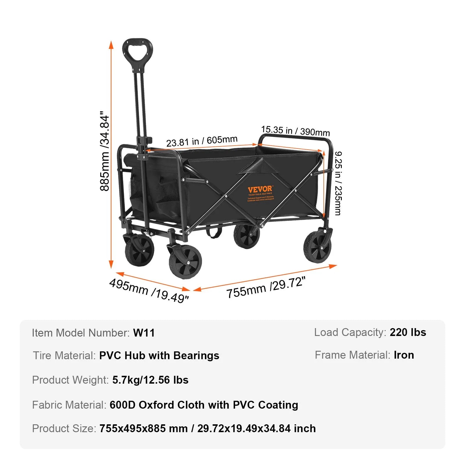 VEVOR Collapsible Folding Wagon, 2 cu.ft Beach Wagon Cart with All-Terrain 5in Wheels, Heavy Duty Folding Wagon Cart 220 lbs Weight Capacity with Drink Holders, Sports Wagon for Camping, Shopping, Gar