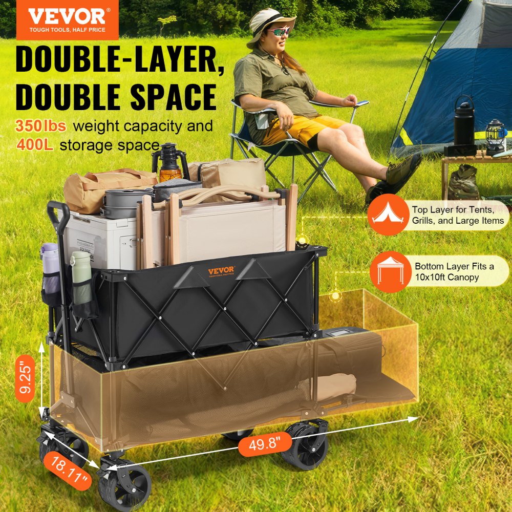 VEVOR Foldable Double Decker Wagon, 400L Collapsible Wagon Cart with All-Terrain Wheels, Heavy Duty Folding Wagon Cart 350 lbs Weight Capacity for Camping, Shopping, Garden, 52