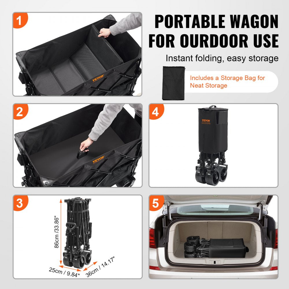 VEVOR Foldable Double Decker Wagon, 400L Collapsible Wagon Cart with All-Terrain Wheels, Heavy Duty Folding Wagon Cart 350 lbs Weight Capacity for Camping, Shopping, Garden, 52