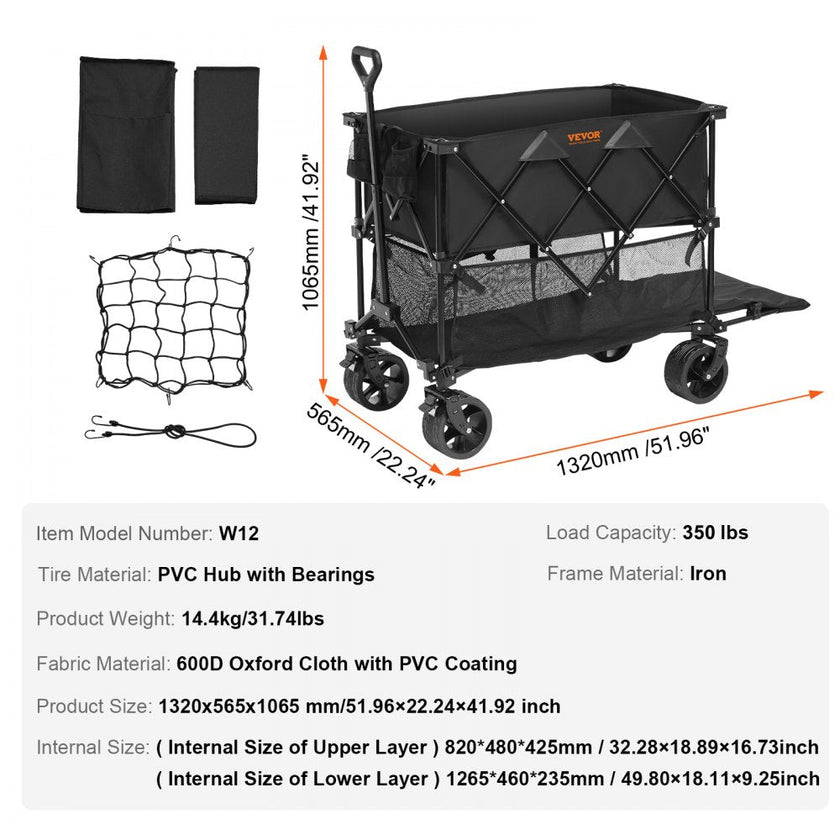 VEVOR Foldable Double Decker Wagon, 400L Collapsible Wagon Cart with All-Terrain Wheels, Heavy Duty Folding Wagon Cart 350 lbs Weight Capacity for Camping, Shopping, Garden, 52