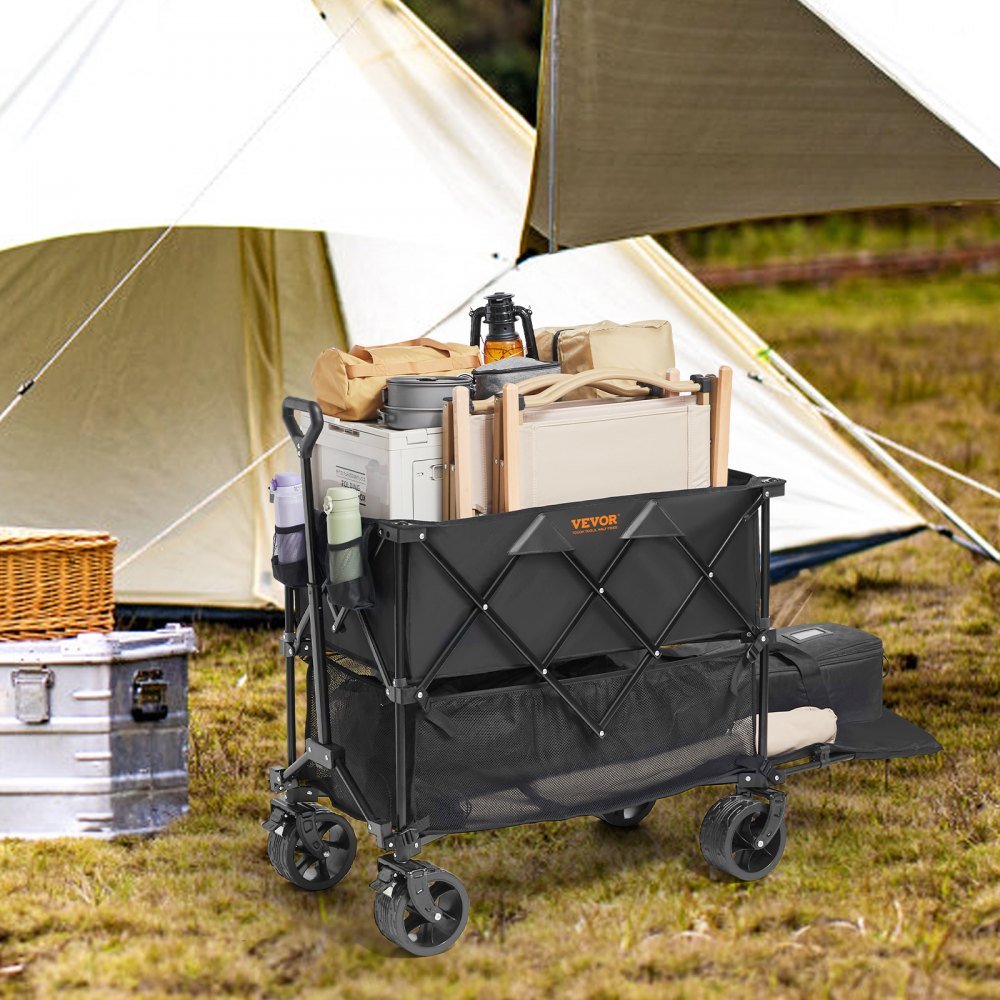 VEVOR Foldable Double Decker Wagon, 400L Collapsible Wagon Cart with All-Terrain Wheels, Heavy Duty Folding Wagon Cart 350 lbs Weight Capacity for Camping, Shopping, Garden, 52