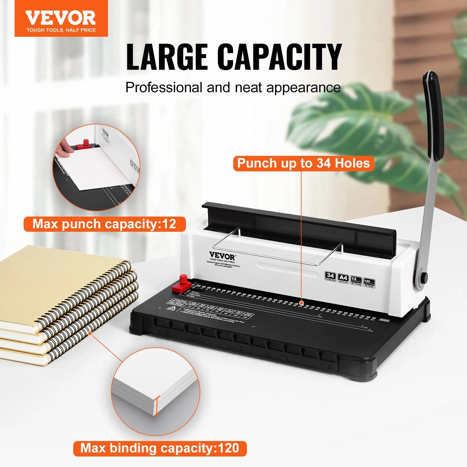 VEVOR Coil Spiral Binding Machine, Manual Book Maker 34-Holes Binding 120 Sheets, Punch Binder Adjustable for Letter Size, A4, A5