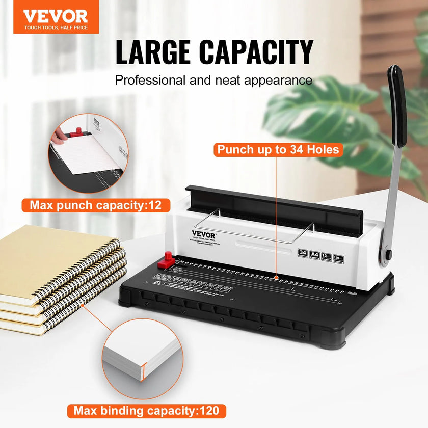 VEVOR Coil Spiral Binding Machine, Manual Book Maker 34-Holes Binding 120 Sheets, Punch Binder Adjustable for Letter Size, A4, A5