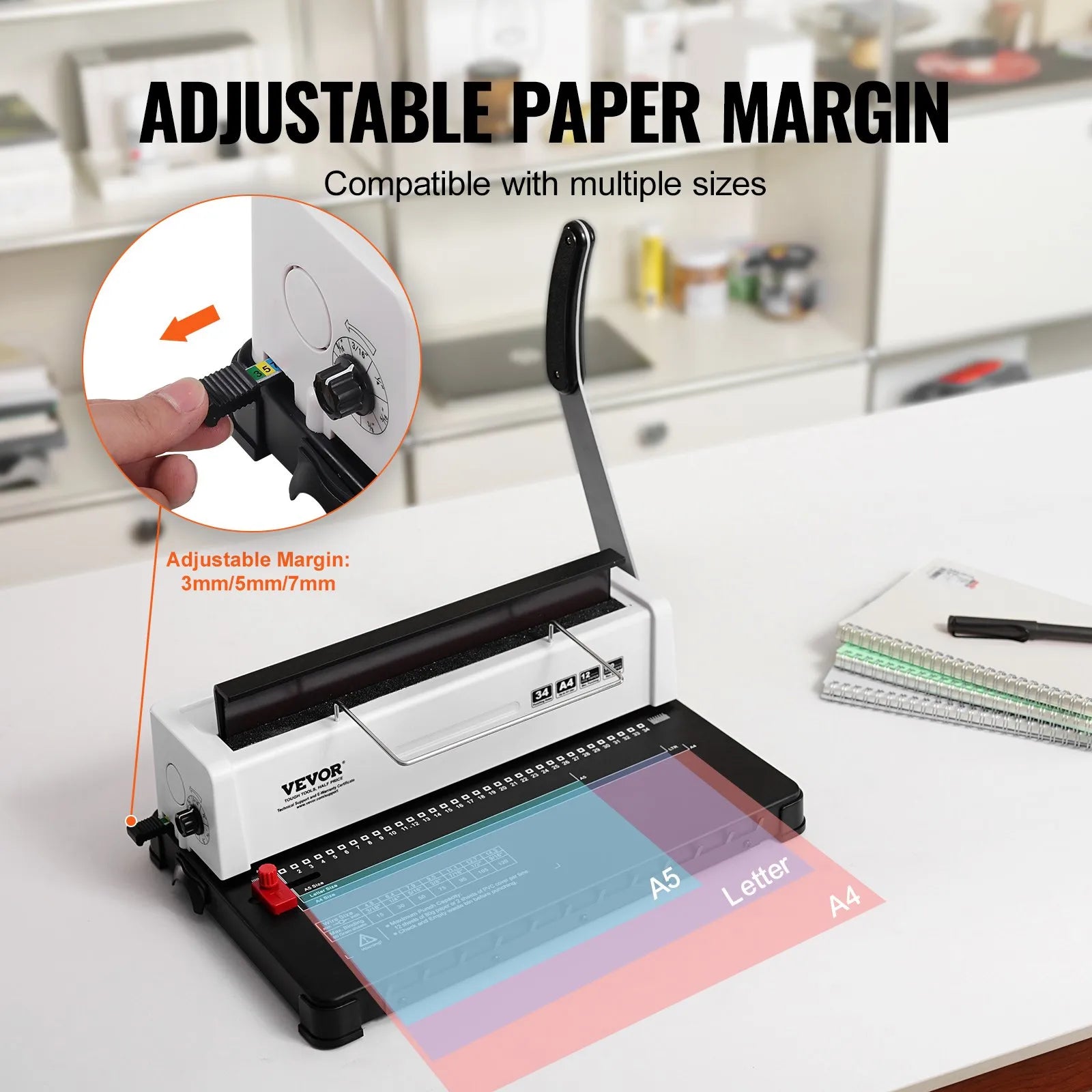 VEVOR Coil Spiral Binding Machine, Manual Book Maker 34-Holes Binding 120 Sheets, Punch Binder Adjustable for Letter Size, A4, A5
