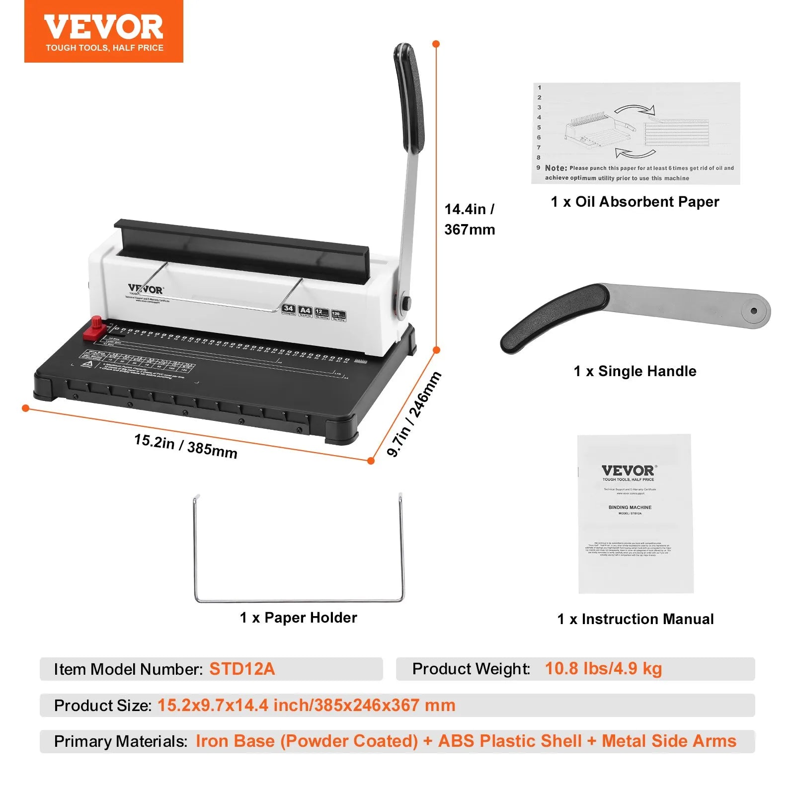 VEVOR Coil Spiral Binding Machine, Manual Book Maker 34-Holes Binding 120 Sheets, Punch Binder Adjustable for Letter Size, A4, A5