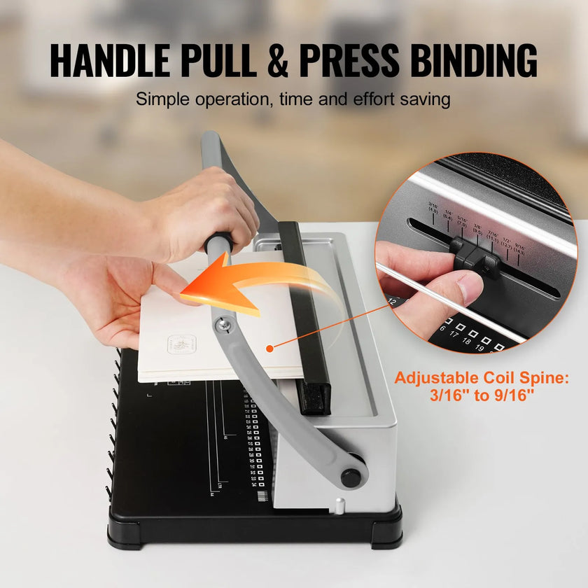 VEVOR Coil Spiral Binding Machine, Manual Book Maker 34-Holes Binding 120 Sheets, Punch Binder with Adjustable 3/16