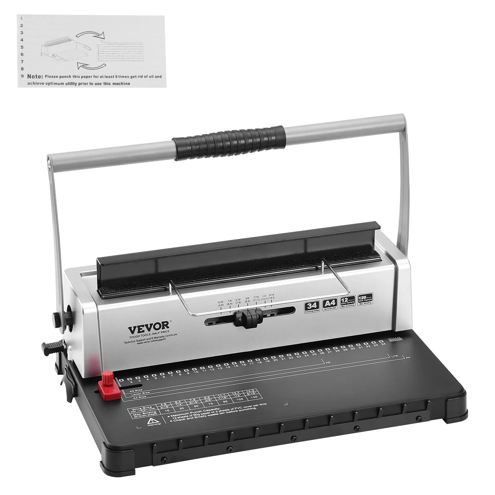 VEVOR Coil Spiral Binding Machine, Manual Book Maker 34-Holes Binding 120 Sheets, Punch Binder with Adjustable 3/16