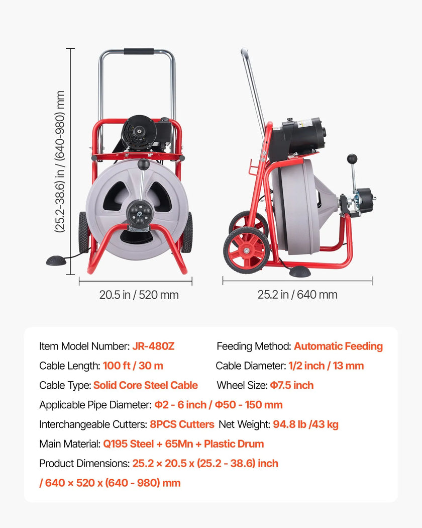 Drain Cleaner Machine 100 FT x 1/2